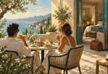 Illustration of two travelers enjoying breakfast on a hotel terrace, with luggage beside their room.