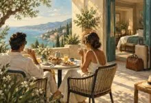 Illustration of two travelers enjoying breakfast on a hotel terrace, with luggage beside their room.