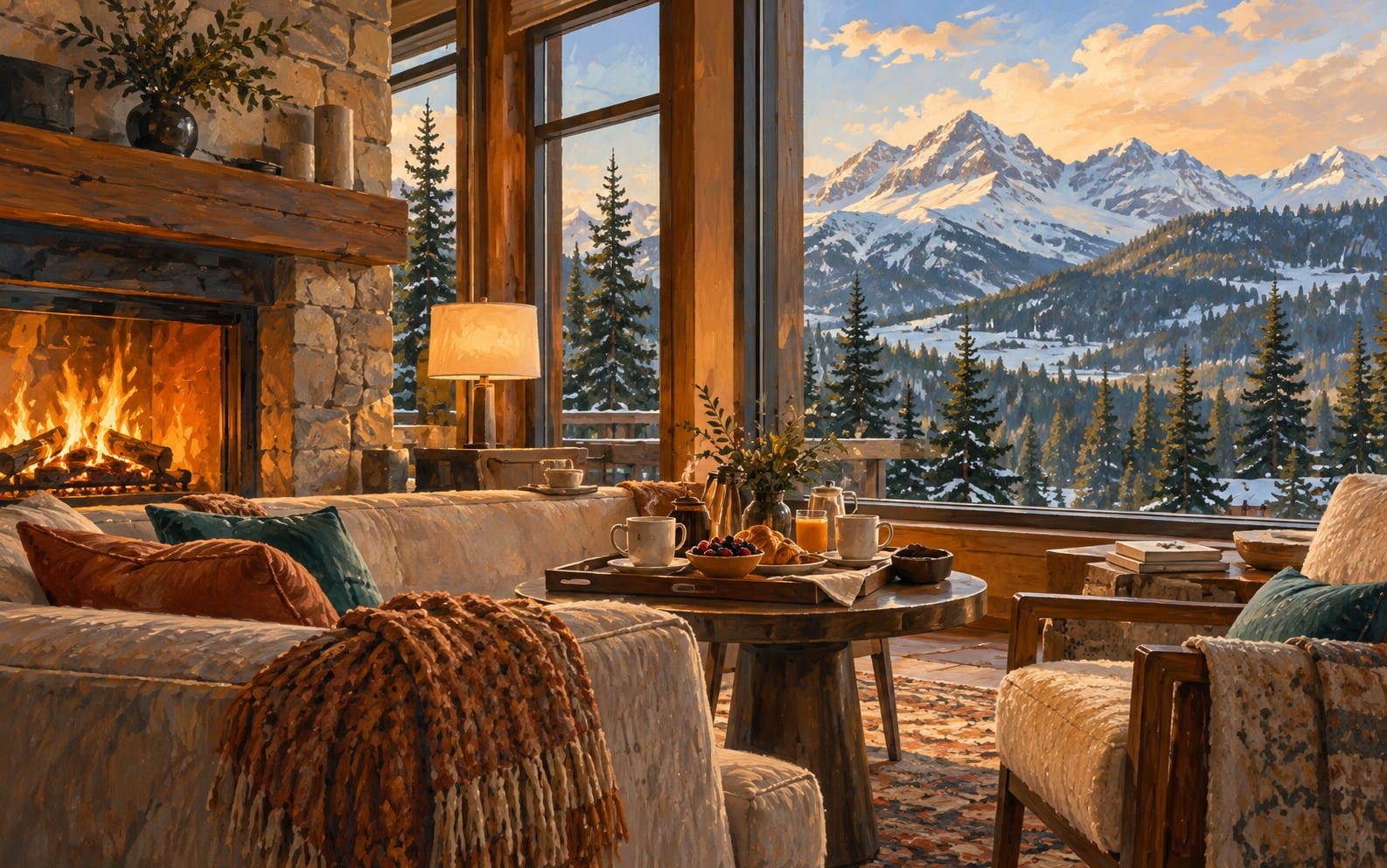 Illustration of a mountain hotel lounge with a fireplace, breakfast tray and snowy forest views.