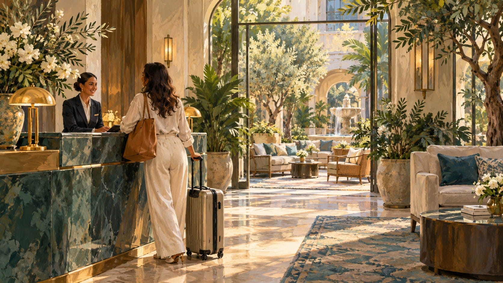 Illustration of a traveler arriving at a welcoming city hotel with a garden courtyard.