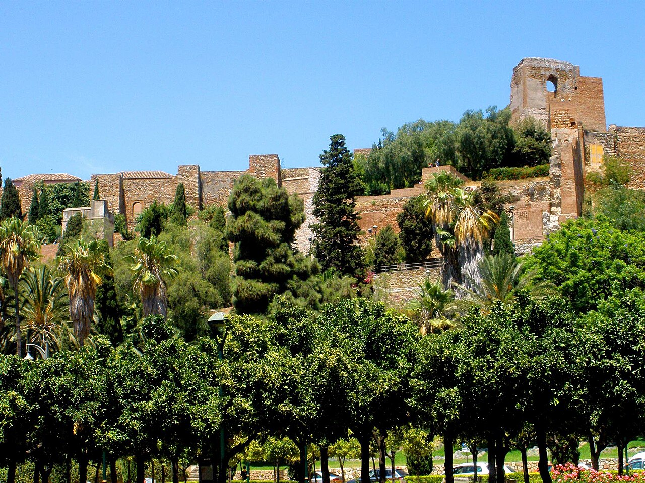 Stone walls and towers of the Alcazaba in Málaga, Spain